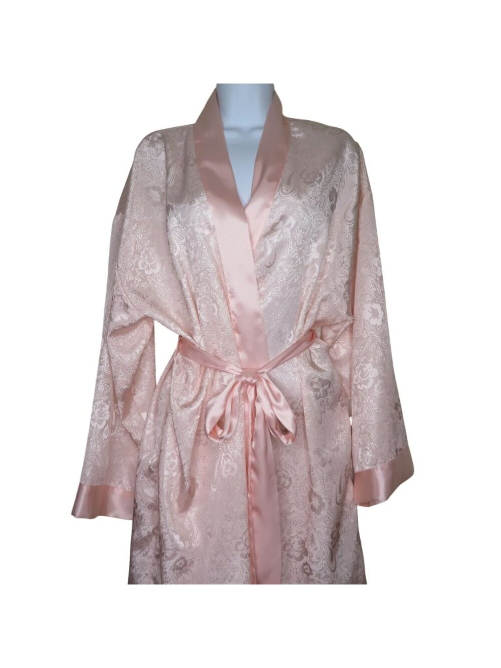 Hidden Fantasies Pink Satin Floral Kimono Robe Womens M Pockets Belted